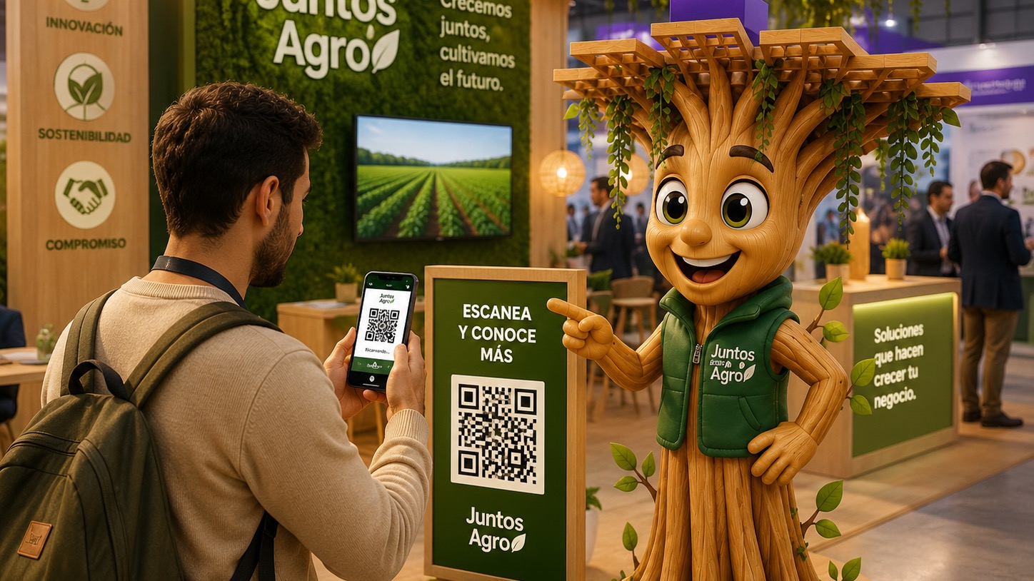 Visitante escaneando QR Code ao lado do mascote no stand