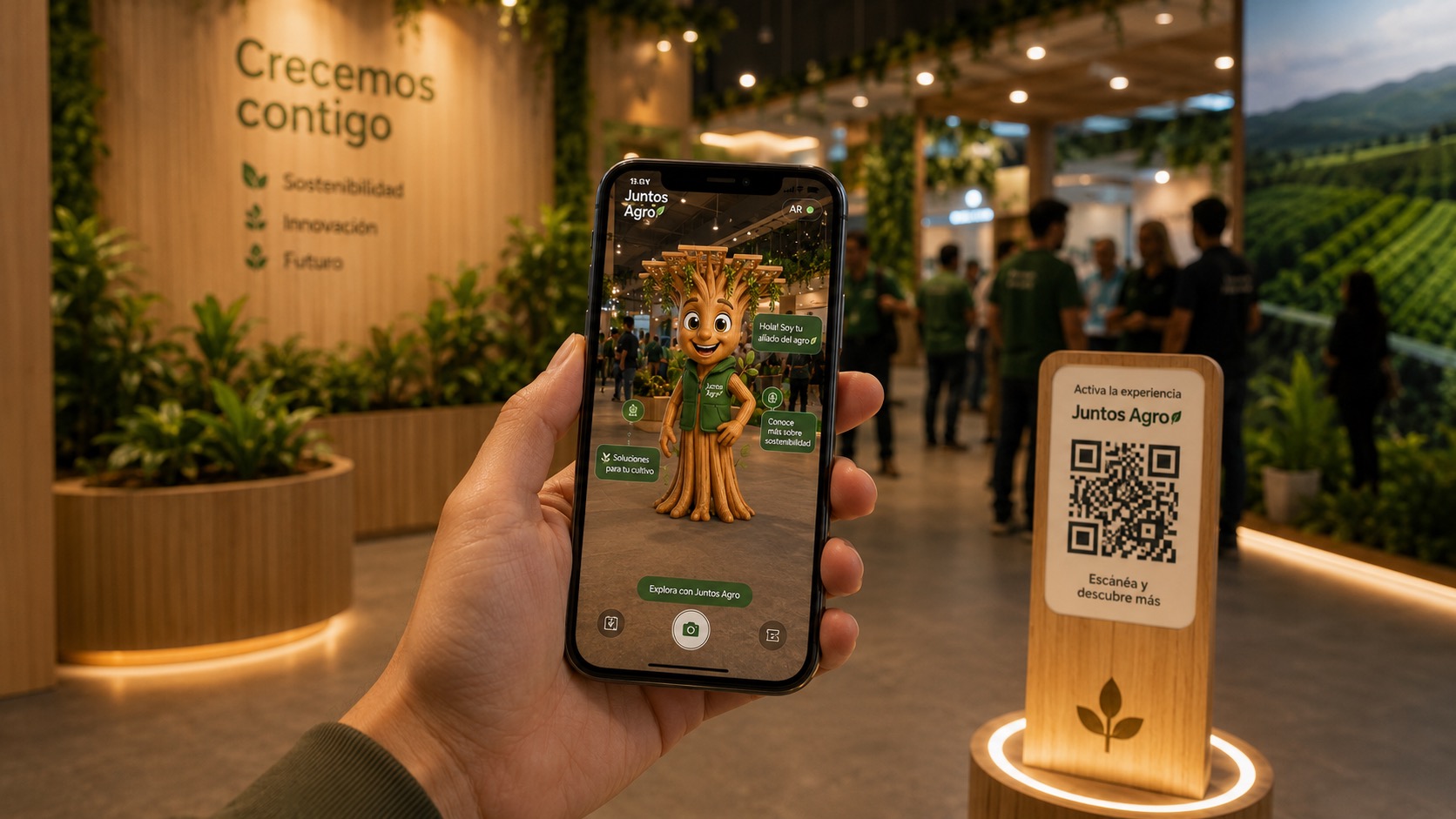 Celular exibindo realidade aumentada com o mascote no stand